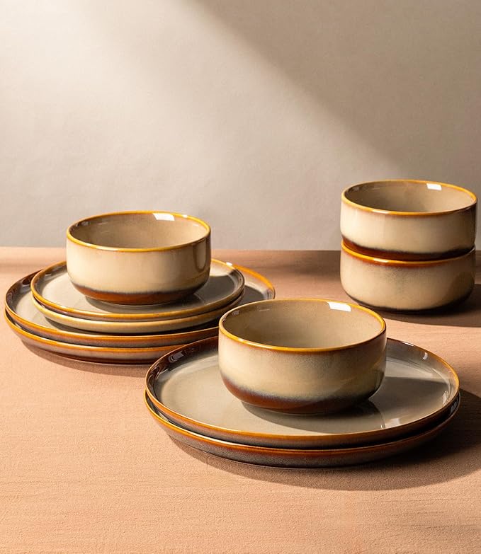 TheTerra Ceramic Dinnerware Sets for 4 12 Pieces Handmade Reactive Glaze Plates and Bowls Set Scratch Resistant Dish Set Oven &amp Microwave &amp Dishwasher Safe Creamy Amber