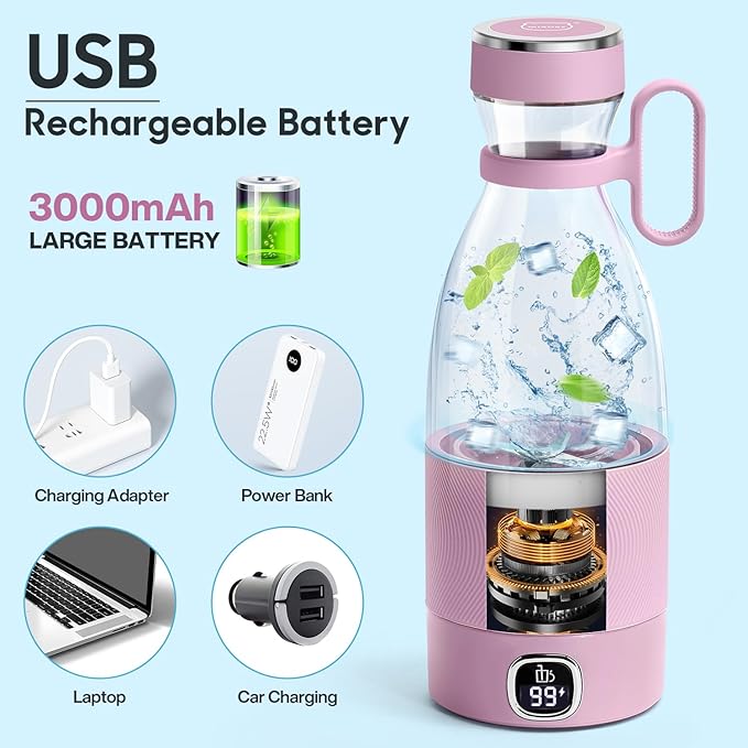 MIAOKE Portable Blender 6 Blades Juicer Cup for Juice Shakes and Smoothies 350ml Mini Blender with Led Display Usb Rechargeable3000Mah Rechargeable Battery for Home Outdoors Travel-Lceberry Pink