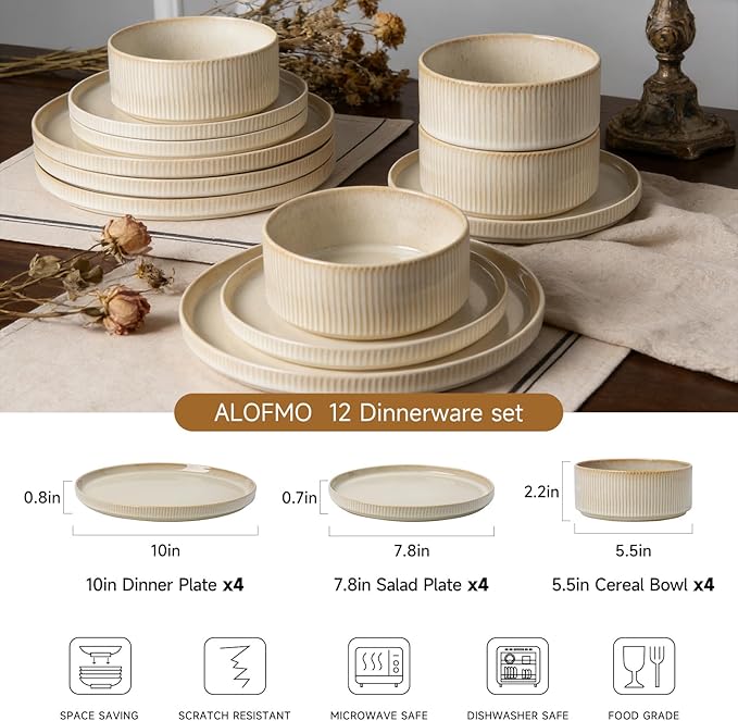 Stoneware Dinnerware Sets Plates and Bowls Sets for 4 12-Piece Ribbed Dishes – Chip &amp Scratch Resistant Microwave and Dishwasher Safe Tableware Beige