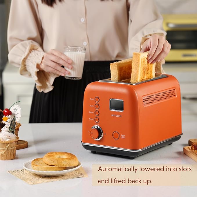 BUYDEEM DT730 Motorized Toaster 2-Slice Smart Digital Leverless Toaster with LCD Countdown Timer 9-Shade Settings for Toast Bagels Waffles Muffins