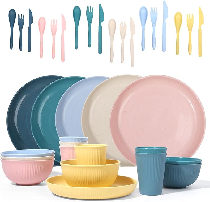 Wheat Straw Dinnerware Sets -DAPIPIK 36 Piece Unbreakable Dinnerware Sets for 6 Wheat Straw Plates and Bowls Set Lightweight Camping Plates Cups and Bowls Set.Dishwasher Microwave Safe Dinnerware