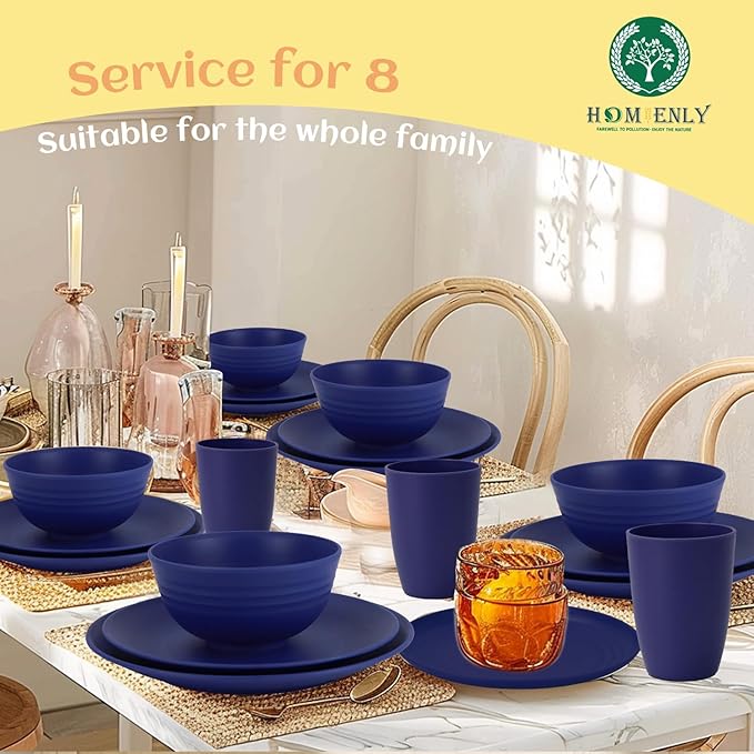 Homienly 40 Pcs Wheat Straw Dinnerware Sets Dinner Plates Cups Pasta Bowls Dishes Set For 8 Microwave Safe Plates and Bowls Sets Blue