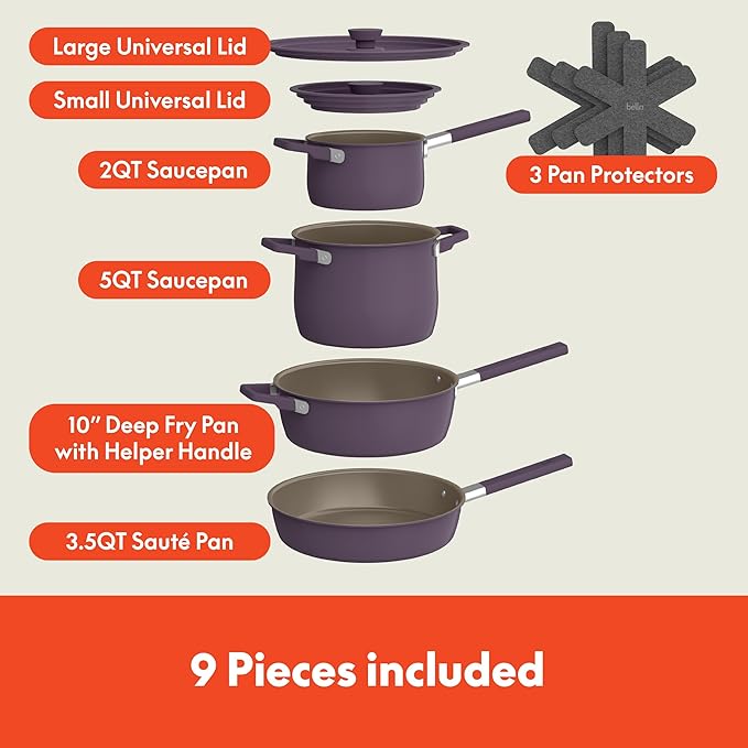 bella 9 Piece Ceramic Nonstick Cookware Set Fits-anywhere™ Kitchenware w EverGood™ Coating Dishwasher &amp Oven Safe All Stovetops Compatible Stackable Design Cool Touch Handles Plum
