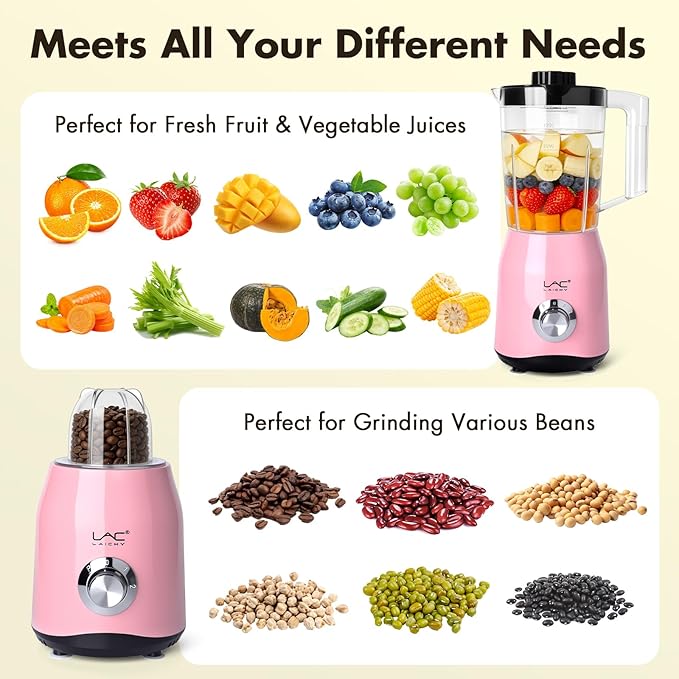 Blender for Smoothies300W Personal Blender and Grinder Combo for Kitchen with a 54oz Portable Smoothie CupsShakesJuicesFrozen Drinks and a 12oz Coffee Cup with Seal Cover (Pink)