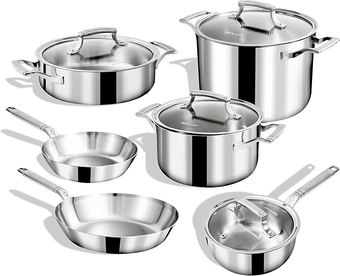 10-Piece Triply Stainless Steel Cookware Set - Fully Clad Pots and Pans Set with 8 Qt Pasta Pot Saute Saucepan Frying Pan - Non Toxic Cookware - Induction Dishwasher &amp Oven Safe