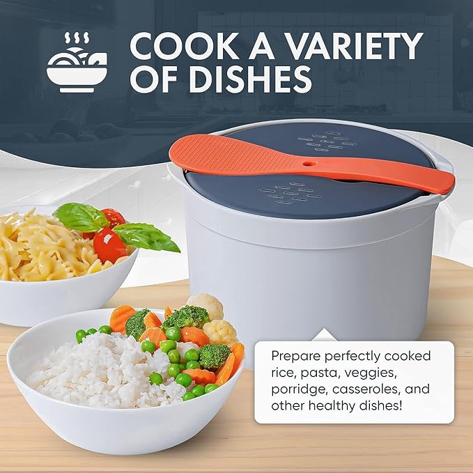 Microwave Rice Cooker Set 2L Rice Steaming Pot Microwave Cooker Microwave Rice Steamer Vegetable Steamer Rice Maker Set with Spoon Lid Strainer