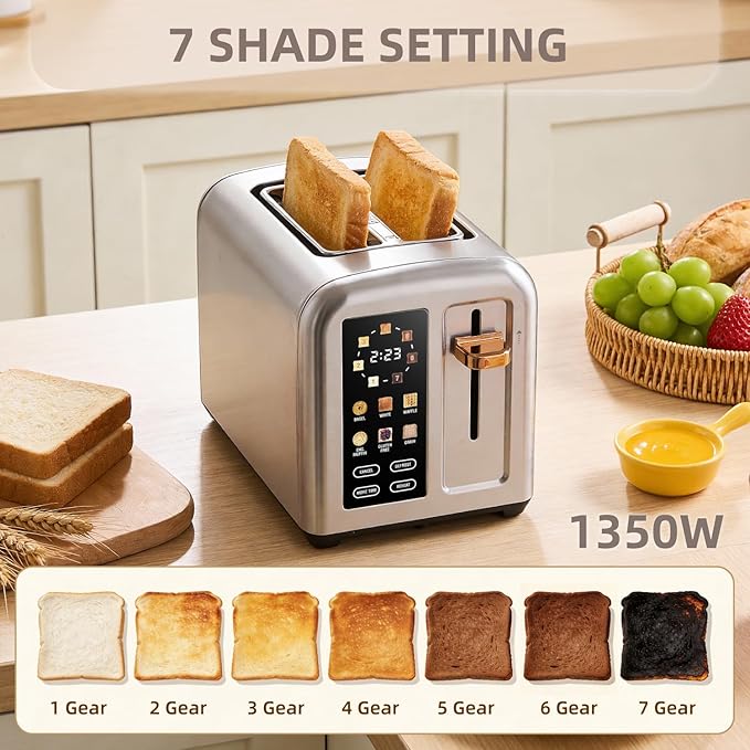 2-Slice Toaster with Touch Screen 7 Shade Settings Extra Wide Slots 6 Bread Function Stainless Steel with High Lift Lever Removable Crumb Tray 1350W (Silver)