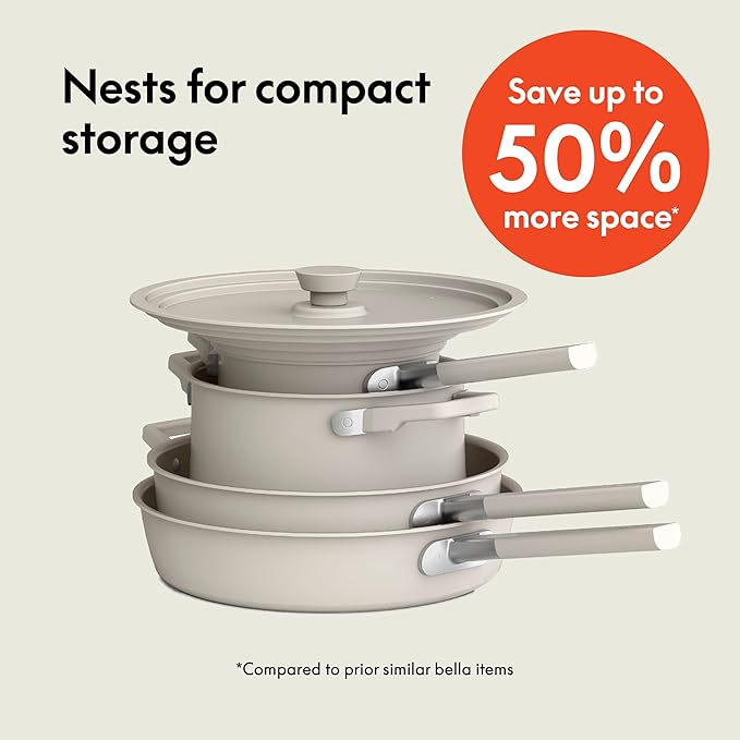 bella 9 Piece Ceramic Nonstick Cookware Set Fits-anywhere™ Kitchenware w EverGood™ Coating Dishwasher &amp Oven Safe All Stovetops Compatible Stackable Design Cool Touch Handles Oatmilk