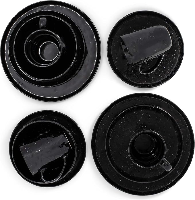 Elanze Designs Shiny Speckled Western Country Style Ceramic Plates Bowls Mugs Dinnerware 16 Piece Set - Service for 4 Black
