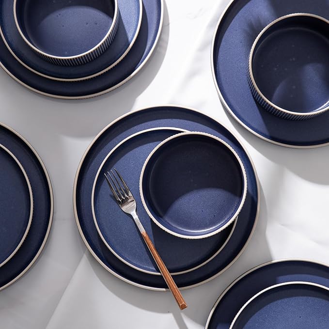 Dinnerware Set Service for 8 24-Piece Ceramic Plates and Bowls Set Chip &amp Scratch Resistant Microwave and Dishwasher Safe Modern Minimalist Tableware for Everyday Use Matte Blue