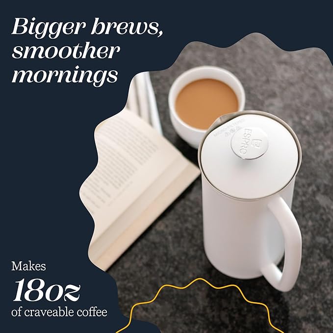 ESPRO P7 French Press Stainless Steel 304 – Patented Double Walled Micro-Filter Insulated French Press Coffee Maker Grit-Free Brew - Heat Resistant BPA Free - Matte White (18oz)