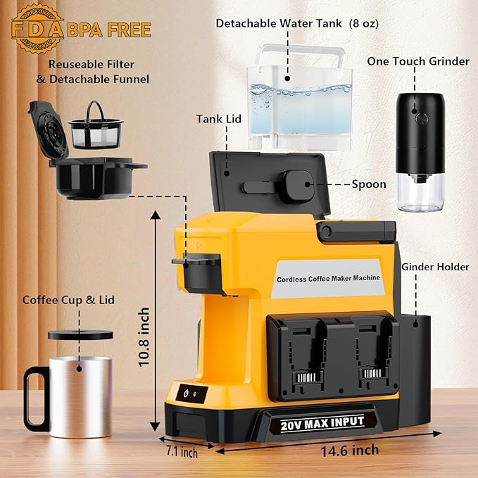 Cordless Coffee Maker for Dewalt 20V MAX Battery 3 Brewing Options Drip Coffee Maker with Coffee Grinder Portable Single Serve Coffee Makers for Camping Travel and Jobsite. (Tool Only)