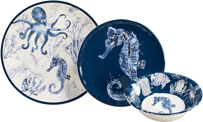 Sea Life 12-Piece Dinnerware Set Service for 4 Blue Navy White Coastal Modern Contemporary Round 12 Piece Dishwasher Safe