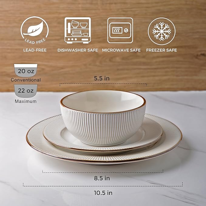 GBHOME Dinnerware Sets and Coffee Mugs Embossed Elegant Stoneware Plates and Bowls Sets Housewarming Wedding Gift | Dishwasher &amp Microwave Safe | Dishes Set Service for 6