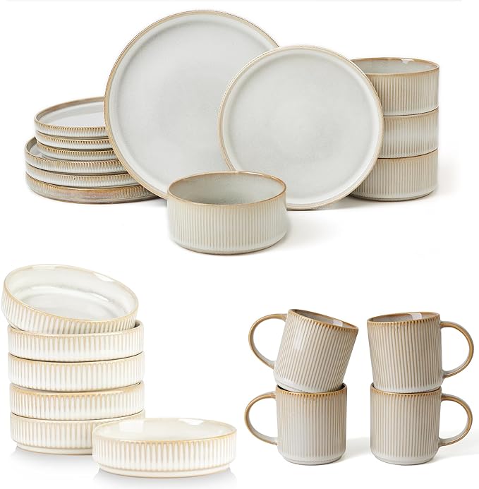 Famiware Dinnerware Set for 4 (12 Piece) and Coffee Mug Set for 4 (12 oz) - Cappuccino White