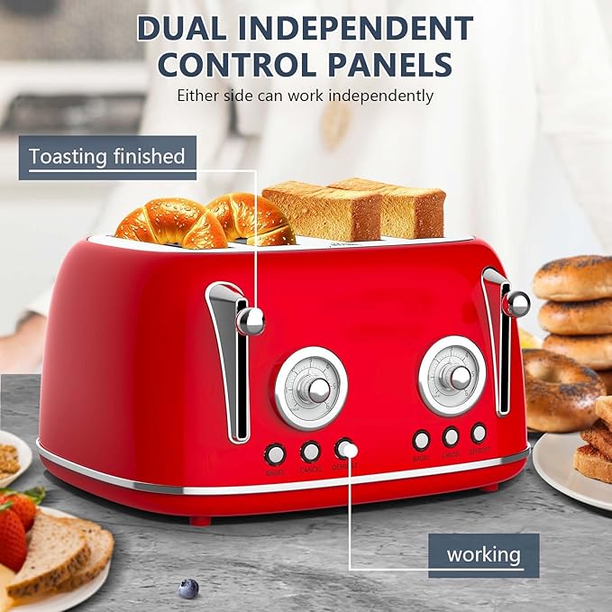 Long Slot Toaster 4 Slice Wide Slot Stainless Steel Toaster with 6 Browning Settings &amp Bagel Defrost/Reheat Functions Compact Kitchen Toasters with Removable Crumb Tray 1500W (Red)
