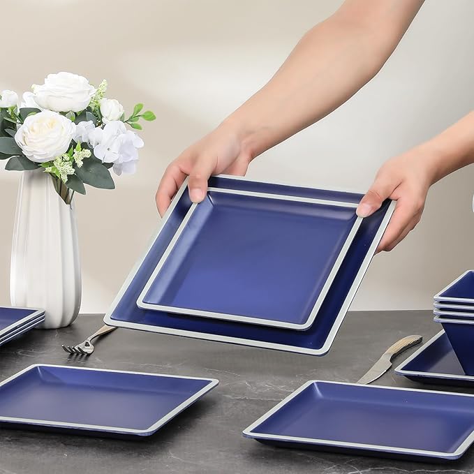 Square Melamine Dinnerware Sets Durable Square Dinner Plates and Bowls Set12-Piece Set Non-breakable Lightweight Dinner Tableware Sets Service for 4