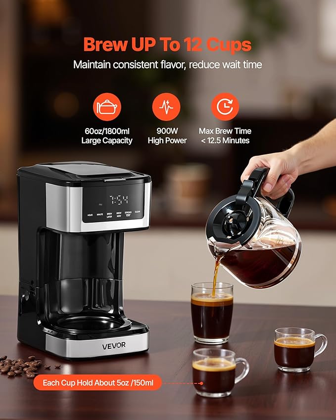 VEVOR Programmable Coffee Maker 12 Cup Programmable Drip Coffee Makers with Touch Screen 4-Hour Keep Warm Coffee Makers Drips 2 Brew Strengths Drip Coffee Machine for Home 24-Hour Programmable
