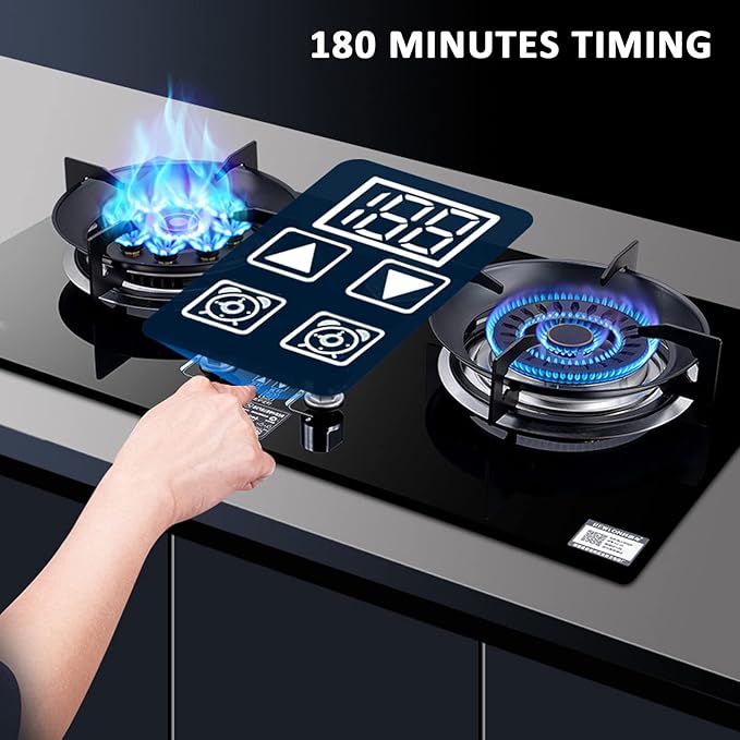 Drop-In Gas Stove Top 2 Burner Tempered Glass Gas Cooktop Home Kitchen Built-In Gas Cooker 0-180 Minutes Timer Easy To Clean Black