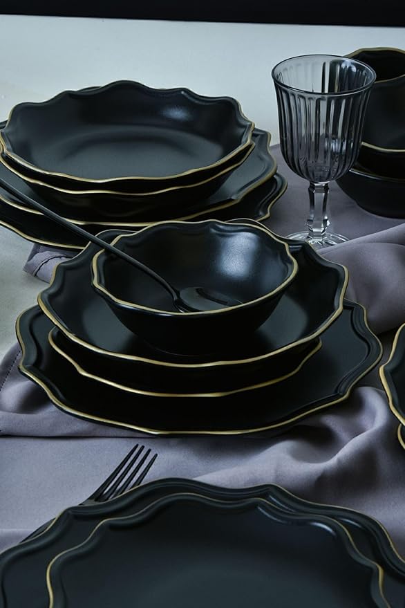 Dinnerware Set - Mat Blac/Gold Romeo - 24 Pieces - 6 Persons - Stoneware