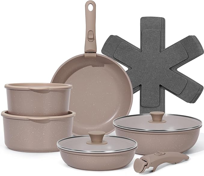 15Pcs Pots and Pans Set Non Stick Cookware Sets with Detachable Handle Nonstick RV Kitchen Cooking Tools Removable Handles Oven Safe Induction Fast Stackable Induction Cookware Brown