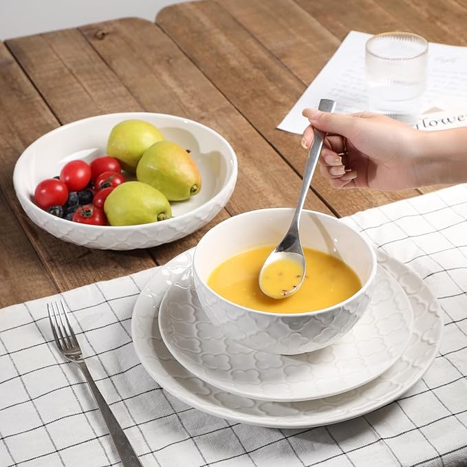 Sureasy Ceramic Plates and Bowls Sets 24 Pieces Dinnerware Sets for 6 Embossed Scratch Resistant Dinner Set Dishwasher and Microwave Safe White