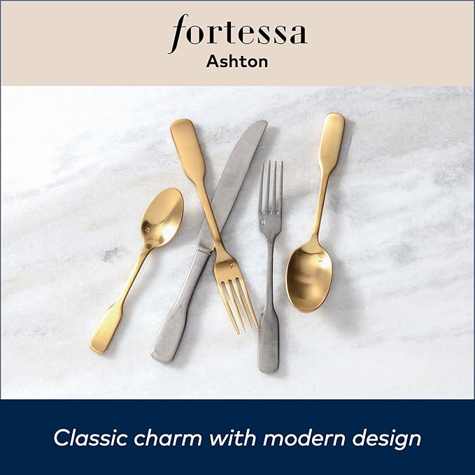 FORTESSA Ashton 18/10 Stainless Steel Flatware 5 Piece Place Setting With Knife Forks and Spoons (Service For 1) Dishwasher Safe Antiqued