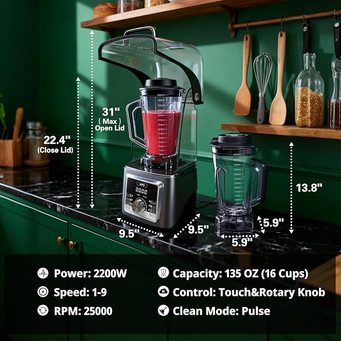 VONCI 2200W Commercial Blender With Sound Enclosure 135OZ Large Capacity Quiet Blender For Smoothies Heavy Duty Industrial Blenders For Restaurant Perfect For Kitchen Ice Crush Milk Shake Fruits