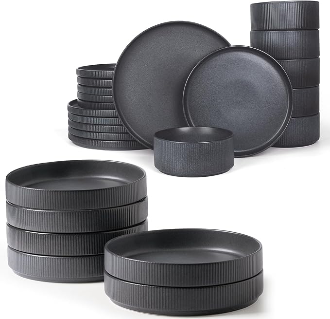 Famiware Star Dinnerware Set with Plates and Bowls Service for 6 (24-Piece) Stoneware Kitchen Dishes Dinner Sets - Matte Dark Charcoal