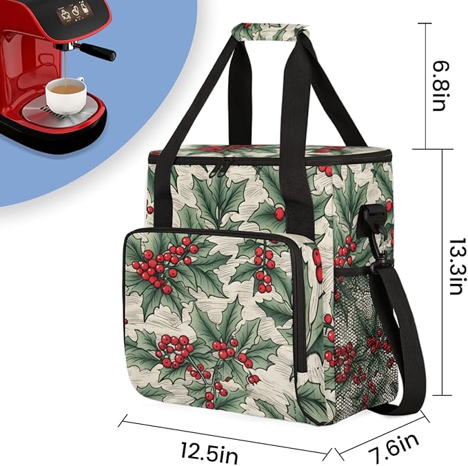 Christmas Flowers Coffee Maker Carrying Bag Magical Flowers Travel Storage Bag Compatible with K-Mini or K-Mini Plus Single Serve Coffee Brewer Carrying Case with Multiple Pockets &amp Shoulder Str