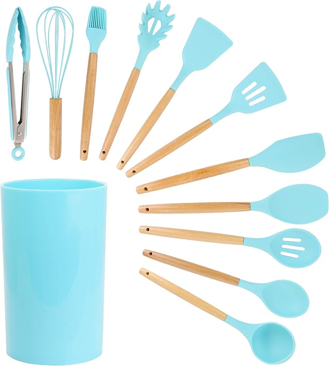 MegaChef Tool Wooden Cookware Utensil Set 12 Piece Light Teal and Wood Texture