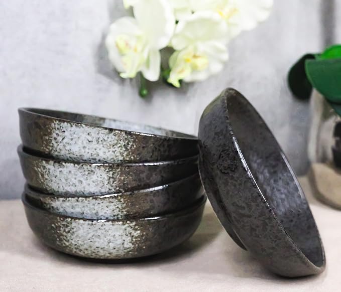 Ebros Gift Artistic Charcoal Grey Tone Hakumu Collection Dinnerware Serveware Kitchenware Set Asian Japanese Restaurant Supply (Pack Of 5 Shallow Bowl Deep Plates 10oz)