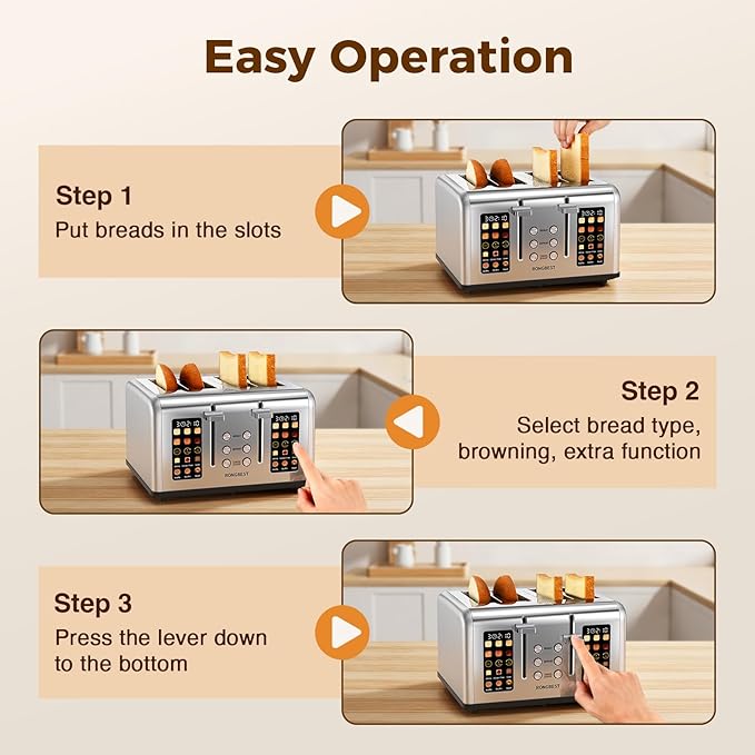 4 Slice Touch Screen Toaster Easy-to-Use Digital Stainless Steel Toaster with Wide Slots Reheat Defrost Cancel Removable Crumb Tray Silver