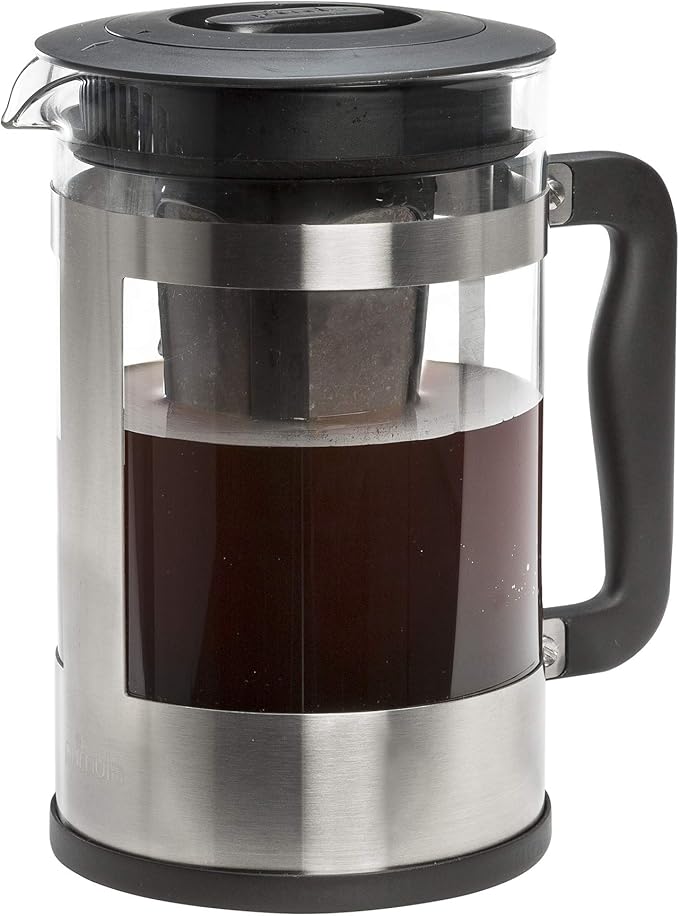 Primula Kedzie Deluxe Cold Brew Iced Coffee Maker Comfort Grip Handle Durable Glass Carafe Removable Mesh Filter 6 Cup Brushed Stainless Steel