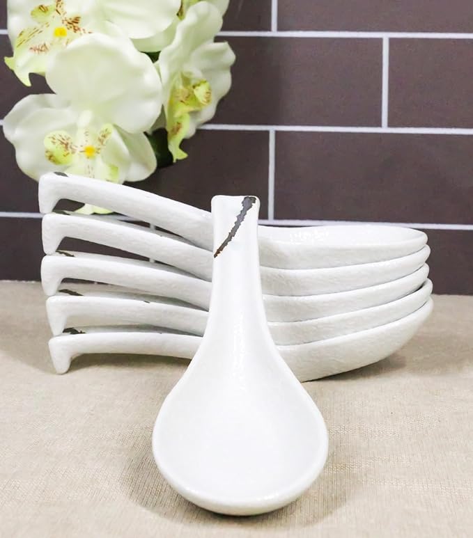 Ebros Gift Modern Yukino Hana Snow Flowers Ceramic Dinnerware Serveware Kitchenware Set Oriental Asian Restaurant Supply (Pack of 6 Asian Soup Spoons With Hook)