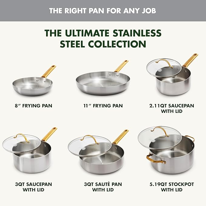 GreenPan Stainless Steel Tri-Ply Reserve 10 Piece Cookware Pots and Pans Set Multiclad Induction Oven &amp Broiler Safe to 600°F Heat Responsive Core Dishwasher Safe Glass Lids