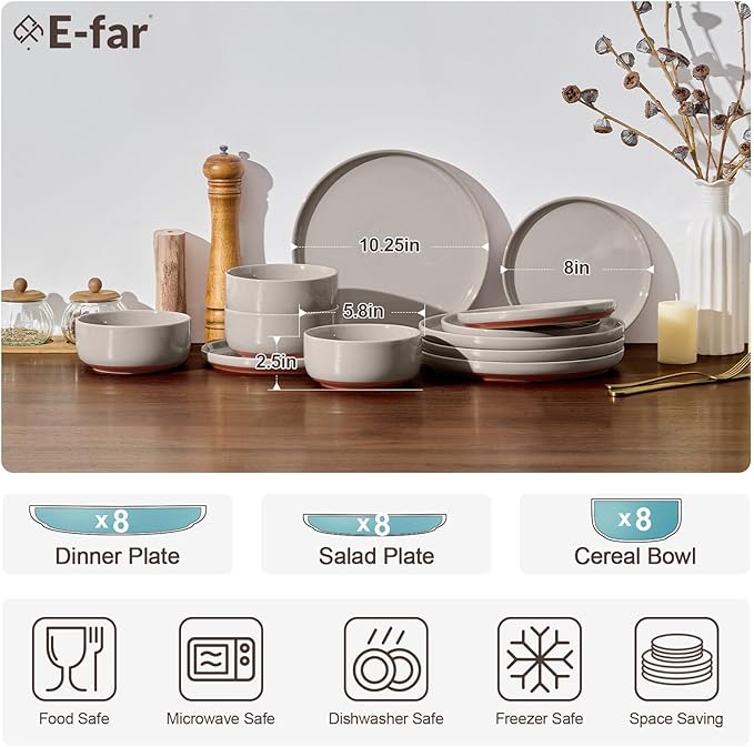 E-far 24-Piece Ceramic Dinnerware Sets Plates and Bowls Sets for 8 Stoneware Dishware Dishes Set with Terracotta Base Chip &amp Scratch Resistant Microwave &amp Dishwasher Safe Speckled Khaki