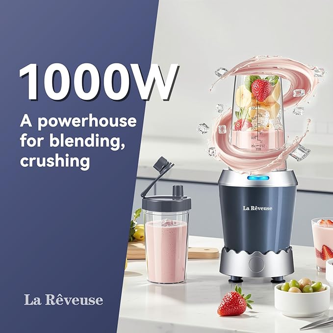La Reveuse Personal Size Smoothie Blender Pro 1000W High Speed with 24oz To-Go Cup Ideal for SmoothiesProtein Shakes Frozen Drinks Food Prep Gray