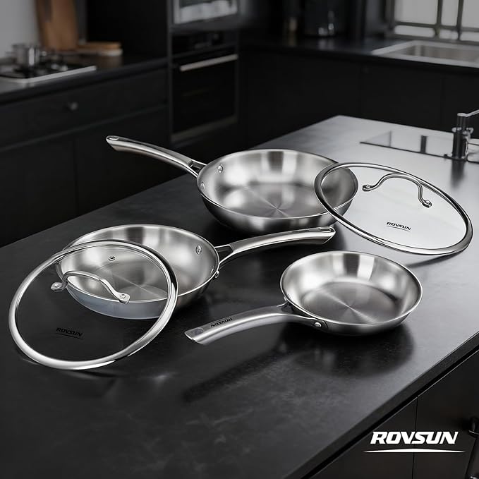 ROVSUN 8-10-12 Inch Stainless Steel Cookware Set 3 pcs Tri-Ply Skillets Set Full Clad Stainless Steel Chef's Pan PFOA &amp PTFE Free Skillets Compatible for All Cooktops Dishwasher &amp Oven Sa