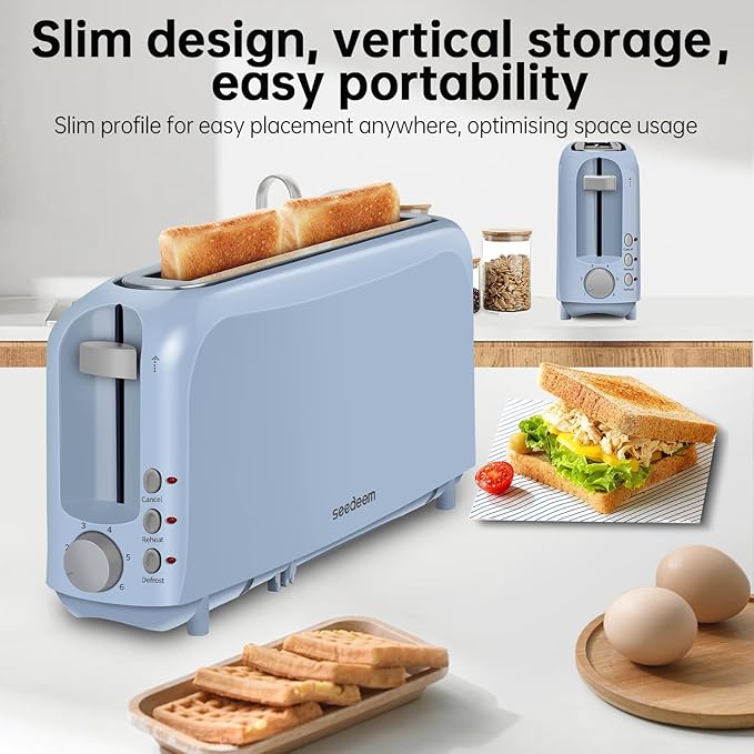 SEEDEEM 2 Slice Slim Toaster Single 10 Long Slot Toaster Fits Bagels &amp Artisan Bread 6 Shade Settings Cancel/Reheat/Defrost Removable Crumb Tray Auto Shut-Off Blue