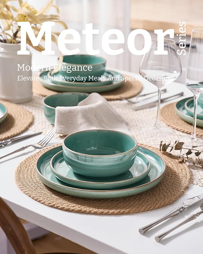 Famiware Meteor Plates and Bowls Sets for 4 12 Pieces Dinnerware Sets Microwave and Dishwasher Safe Dishes Set Peacock Green