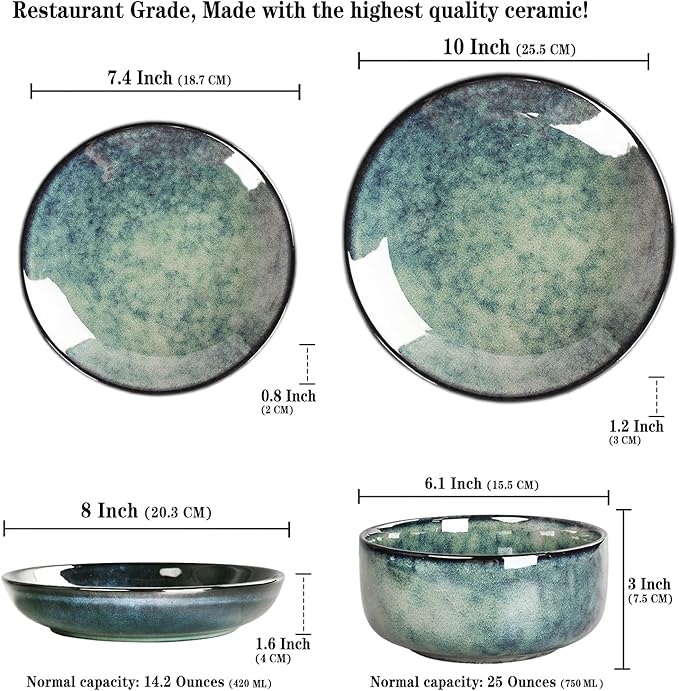 Ceramic Dinnerware (16 pcs) Serve 4 people Plates and Bowls Sets Reactive Glaze Dishes Set Chip Resistant and Scratch Resistant Dishwasher Microwave Safe Suitable for dinner parties