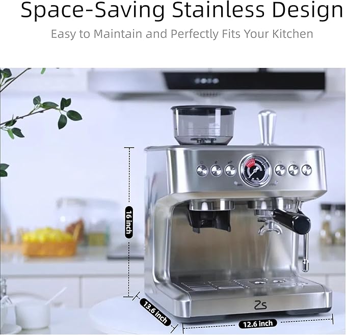 Espresso Coffee Machine with Built-in Coffee Grinder 20 Bar Pressure Professional Coffee Maker 15 Precise Grind Settings with Steam Wand Cappuccino or Latte 2.8L Water Tank