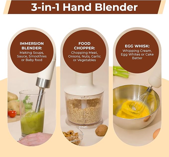 CARTMAN Cordless 3 In 1 Immersion Hand Blender with Removable Battery with Stainless Steel Blade Chopper Whisk for Soup Juice Outdoor PicnicVariable Speed Dishwasher-Safe