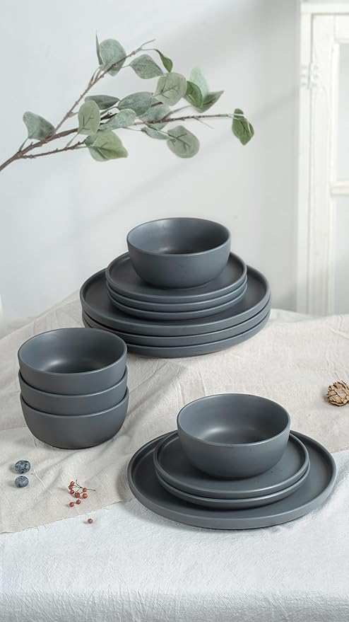 Famiware Dawn Plates and Bowls Sets 12 Pieces Stoneware Dinnerware Sets Dishes Set for 4 Microwave and Dishwasher Safe Speckled Charcoal