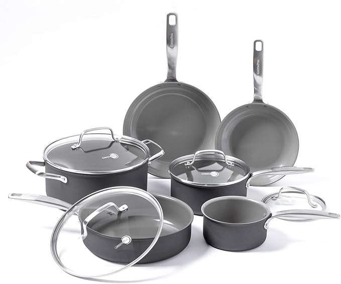 GreenPan Chatham ceramic Non-Stick 10Pc Cookware Set Grey - &amp Lima 11 Ceramic Non-Stick Square Griddle Grey -