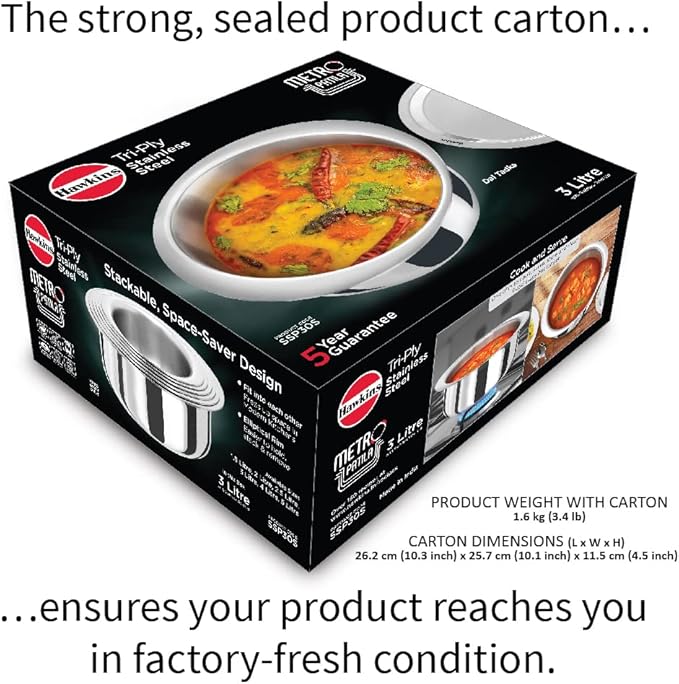HAWKINS 3 Litre Metro Patila Triply Stainless Steel Tope with Stainless Steel Lid Induction Bhagona Tapeli Silver (SSP30S)