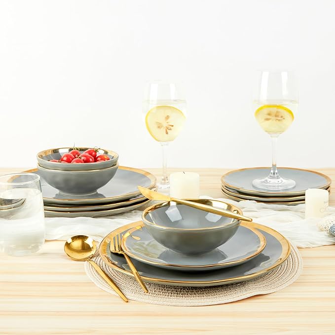 Porcelain Luxury Dinnerware Sets Modern Plates and Bowls Sets for 4 Highly Chip and Crack Resistant Grey and Gold Rim China Dishes Set for Wedding Anniversary