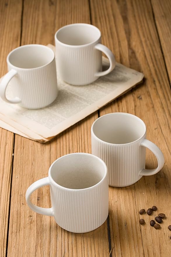 Famiware Dinnerware Set for 4 (12 Piece) and Coffee Mug Set for 4 (12 oz) - Matte White