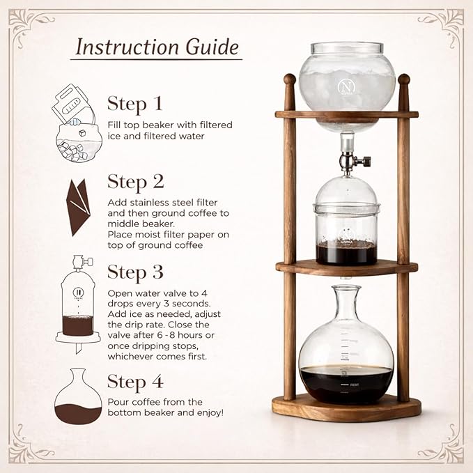 Nispira Cold Brew coffee Maker Ice Coffee Drip Machine with Advanced Slow Drip Technology Borosilicate Glass with Wood Tower 6-8 Cup Brown
